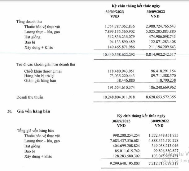 Mảng lương thực - lúa gạo đưa về doanh thu lớn cho Tập đoàn Lộc Trời. Ảnh:Chụp màn hình.