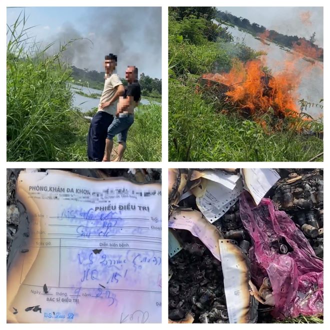 Cùng ngày bị thanh tra, 2 người mang giấy tờ của Phòng khám đa khoa Nguyễn Trãi ra bờ sông Sài Gòn đốt một cách lén lút. Ảnh: Bạn đọc cung cấp