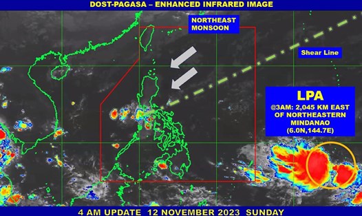 Vùng áp thấp (LPA) gần Philippines (dưới, phải) vào hồi 3h ngày 12.11.2023. Ảnh: PASAGA