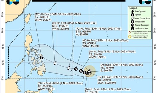 Vị trí của áp thấp nhiệt đới gần Philippines hồi 11h ngày 13.11.2023. Ảnh: PASAGA