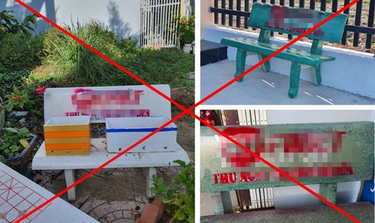 Hàng loạt ghế đá ở TP Tân An bị sơn quảng cáo trang web cá độ trong đêm. Ảnh: An Long