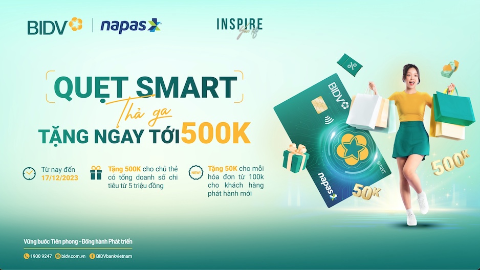 Chủ thẻ ghi nợ nội địa NAPAS BIDV Smart khi phát sinh giao dịch chi tiêu hợp lệ sẽ được hoàn tiền tới 500.000 VND. Ảnh: Napas