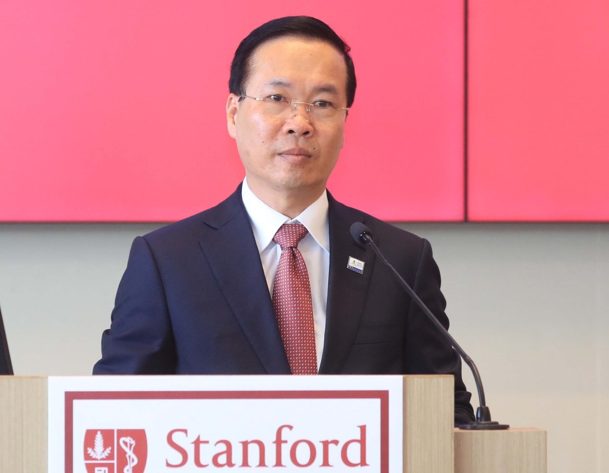 Chủ tịch nước Võ Văn Thưởng phát biểu tại Đại học Stanford, Hoa Kỳ. Ảnh: TTXVN