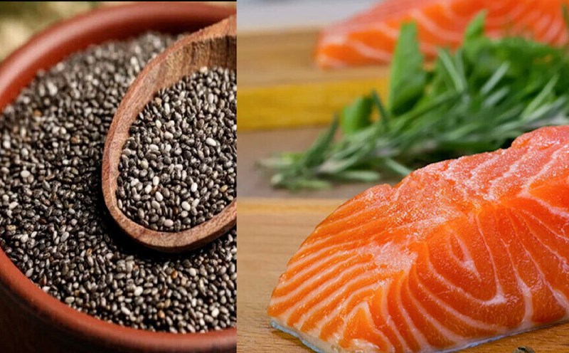 Cá hồi và hạt chia giúp người bệnh cải thiện tình trạng rối loạn tiền đình. Ảnh ghép: Nguyễn Ly