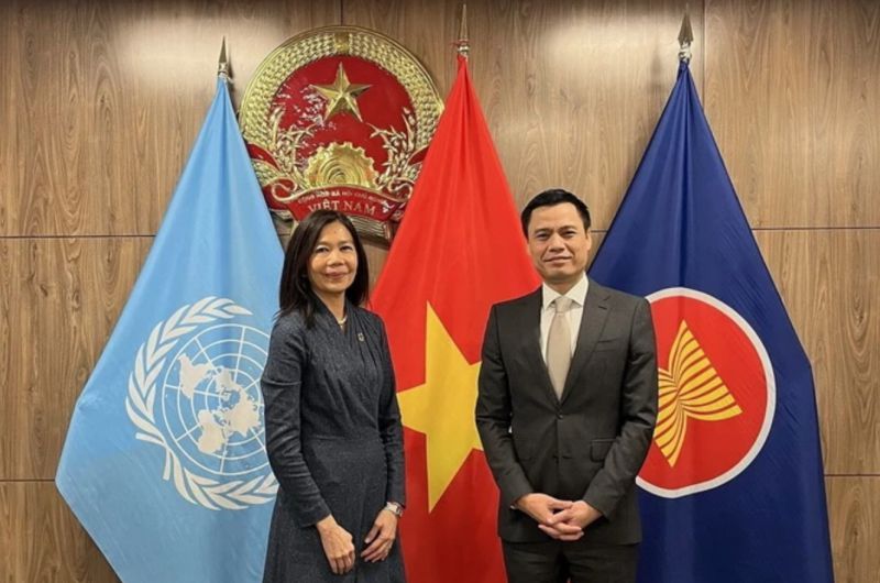 Đại sứ, Trưởng Phái đoàn Thường trực Việt Nam tại Liên Hợp Quốc Đặng Hoàng Giang và bà Pauline Tamesis, Điều phối viên thường trú Liên Hợp Quốc tại Việt Nam. Ảnh: TTXVN