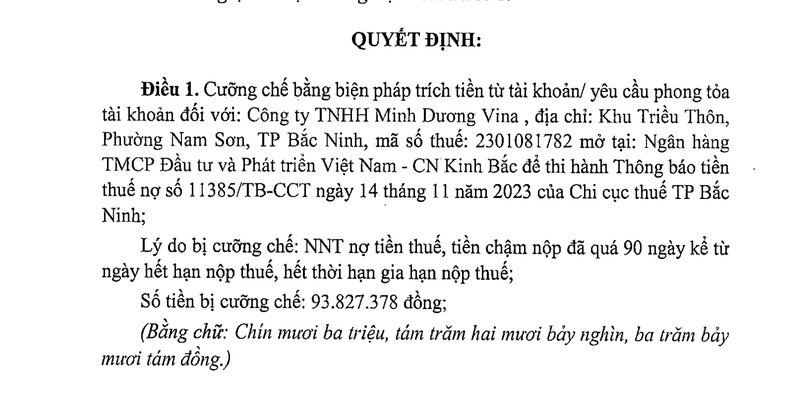 Cục Thuế tỉnh Bắc Ninh cưỡng chế thuế đối với Công ty TNHH Minh Dương Vina. Ảnh: Chụp màn hình.