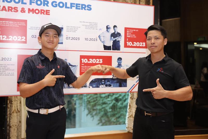 Golfer Nguyễn Anh Minh và huấn luyện viên Nguyễn Thái Dương. Ảnh: HV Golf
