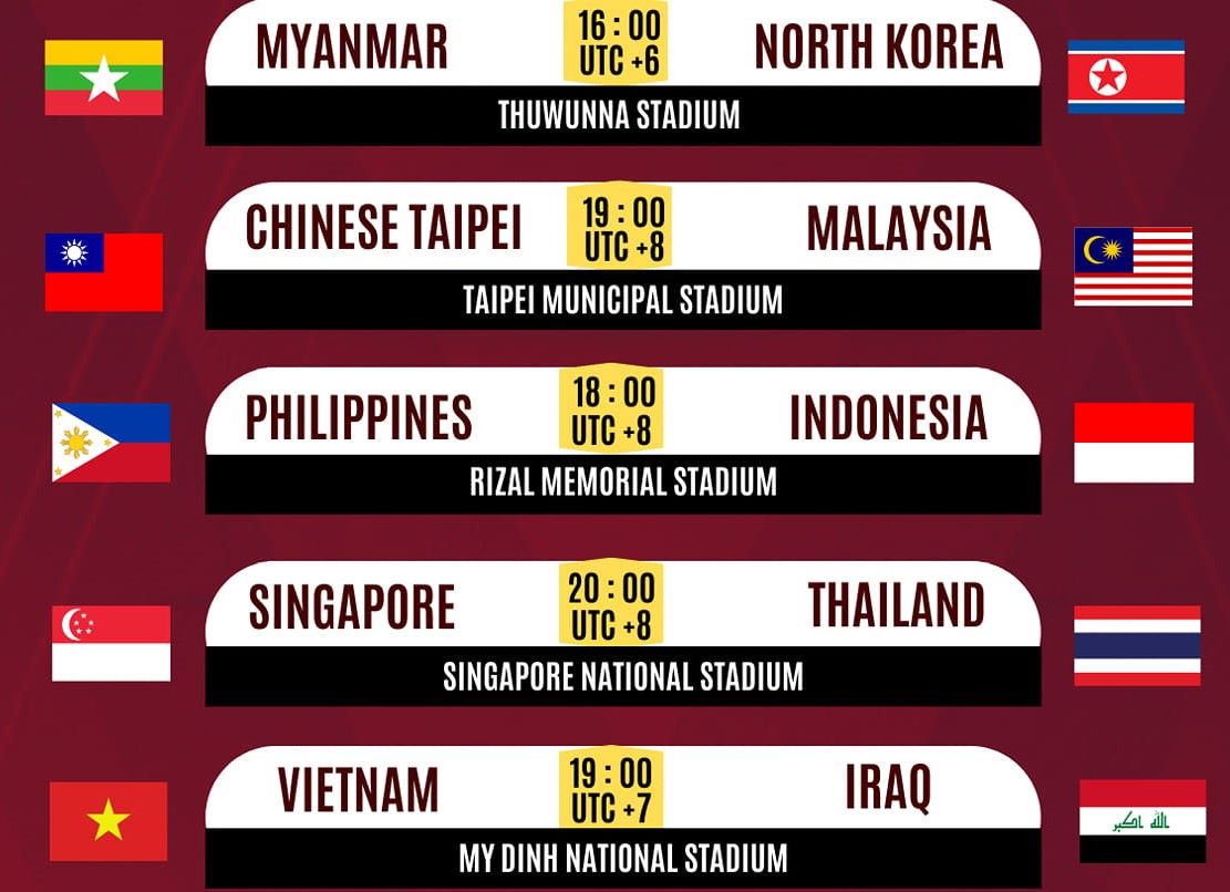 Lịch thi đấu lượt trận 2 vòng loại World Cup 2026 của các đội tuyển ở khu vực Đông Nam Á. Ảnh: Football Space