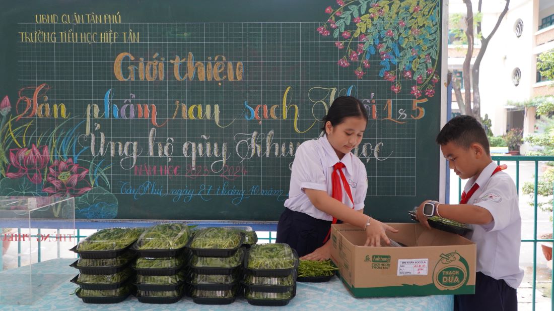 Trồng rau gây quỹ học bổng và phục vụ cho việc học tập đang là hoạt động được cô trò Trường tiểu học Hiệp Tân (quận Tân Phú, TPHCM) triển khai trong năm học 2023-2024.