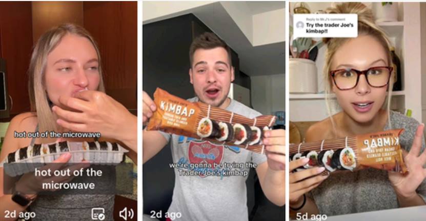 Các video review món kimbap đông lạnh mới của Trader Joe's đang lan truyền mạnh mẽ trên mạng xã hội. Ảnh: Chụp màn hình