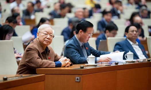 Tổng Bí thư Nguyễn Phú Trọng tham dự phiên thảo luận ở hội trường về kết quả giám sát giải quyết kiến nghị của cử tri. Ảnh: Media Quốc hội