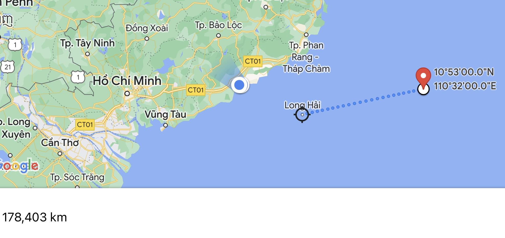Vị trí tàu chìm cách đảo Phú Quý khoảng 178km, tức khoảng 92 hải lý. Ảnh: Google Maps