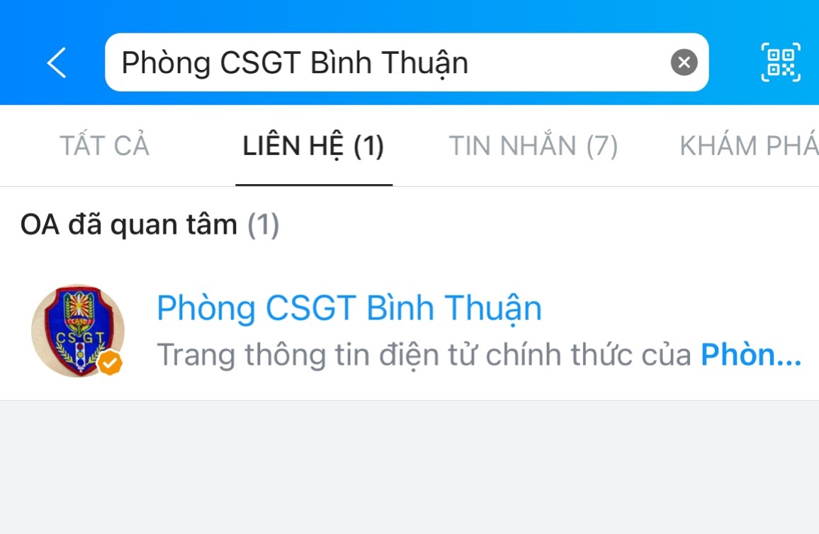Từ zalo cá nhân của mỗi người, có thể dễ dàng gửi thông tin, hình ảnh vi phạm giao thông trên địa bàn tỉnh cho CSGT bằng cách tìm tên tài khoản zalo OA “Phòng CSGT Bình Thuận“. Ảnh: Duy Tuấn