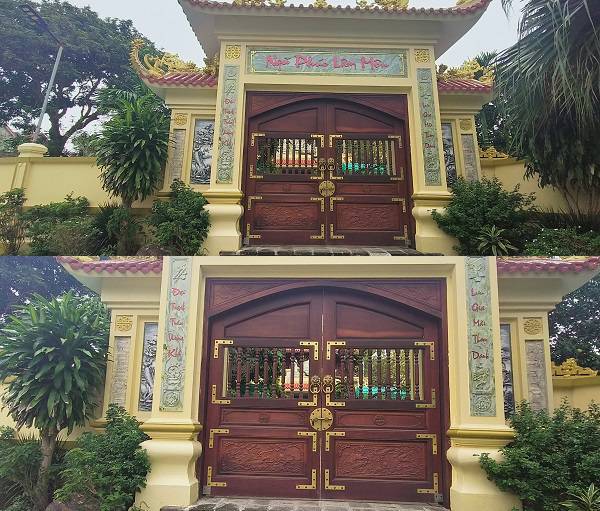 Cánh cổng gỗ ở ngôi nhà kết hợp nhà thờ của gia đình ông Lưu Bình Nhưỡng tại quê nhà xã Hùng Dũng (huyện Hưng Hà, tỉnh Thái Bình) bị công an đo đạc, lập biên bản bàn giao cho địa phương tạm quản lý từ đêm ngày 14.11. Ảnh: Trung Du