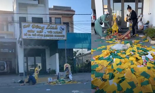 Hiện trường vụ việc chiều nay (21.11) chủ phường hụi ở Thái Bình bị dân mang giấy tiền, vòng hoa đến nhà đòi nợ. Ảnh chụp màn hình