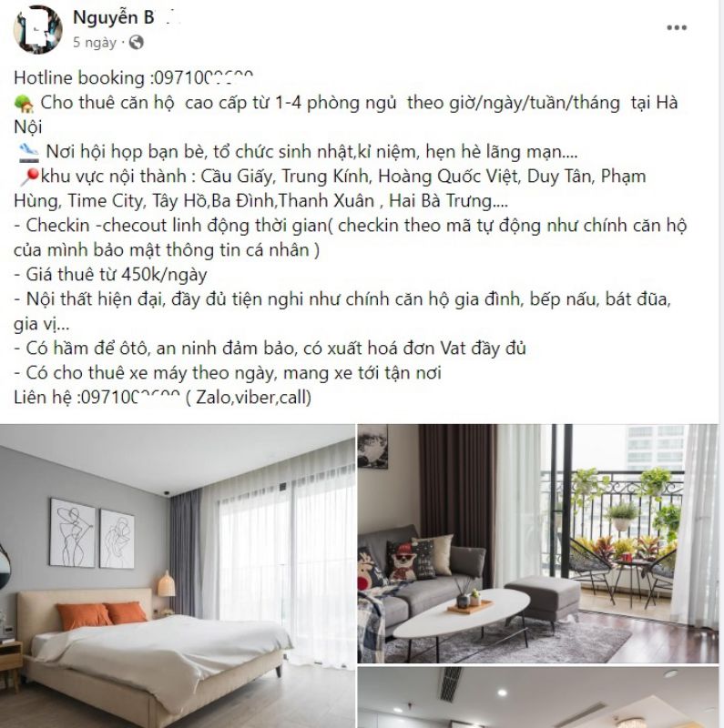 Dịch vụ cho thuê căn hộ chung cư theo giờ, ngày đang ngày càng nở rộ tại TP Hà Nội với nhiều mức giá khác nhau. Ảnh: Chụp màn hình