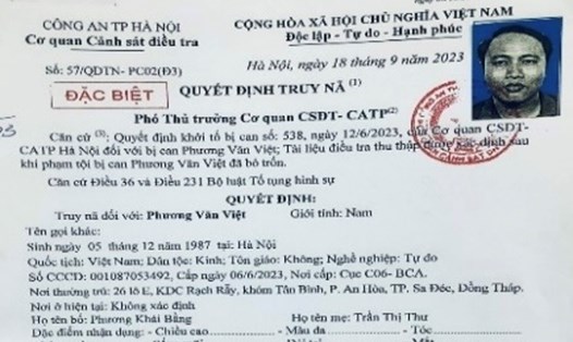 Quyết định truy nã đối với Phương Văn Việt. Ảnh: Công an cung cấp