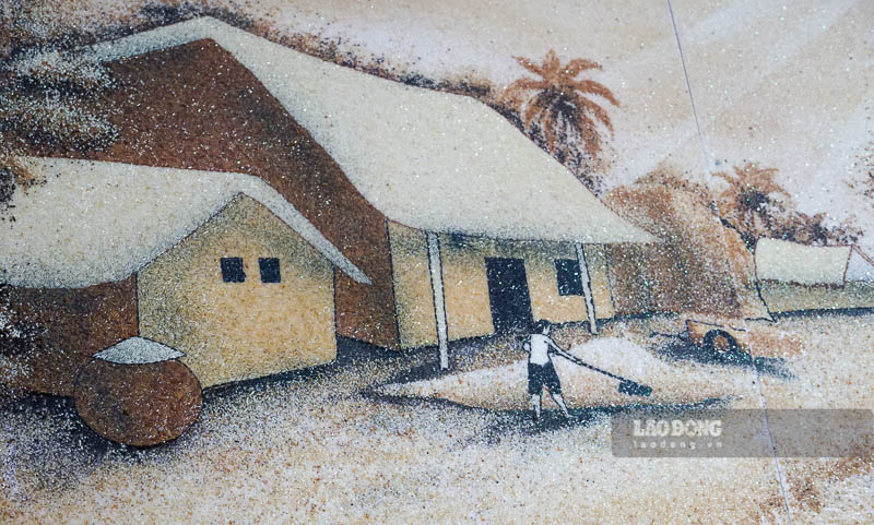 Một góc nông thôn miền Tây được thể hiện bằng tranh gạo. Ảnh: Phương Anh