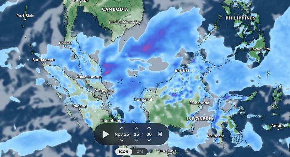 Dự báo lượng mưa ở Nam Biển Đông ngày 23.11.2023. Ảnh: Zoom Earth