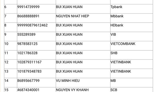 Số tài khoản liên quan đến vụ lừa đảo được Công an TP Hà Nội công bố. Ảnh: Congan.hanoi.gov