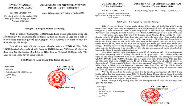 Hai văn bản UBND huyện Lạng Giang gửi Sở Ngoại vụ tỉnh Bắc Giang. 