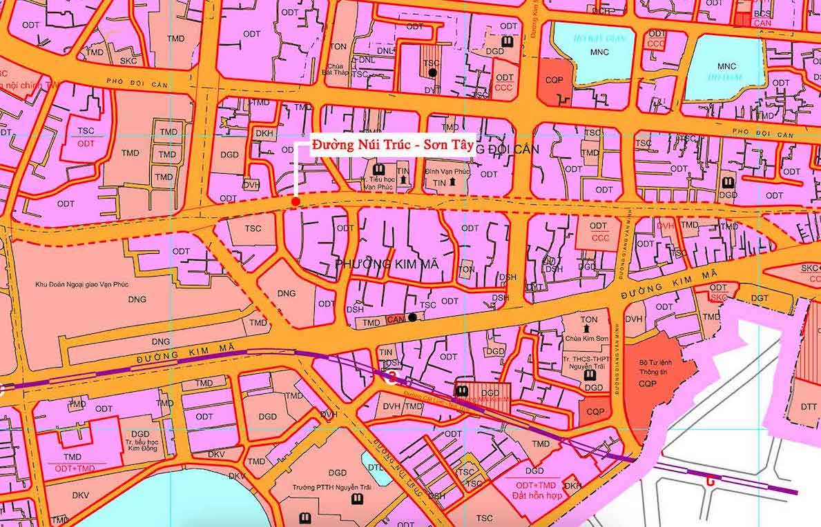 Đường Núi Trúc - Sơn Tây trong bản đồ quy hoạch sử dụng đất quận Ba Đình đến năm 2020. Ảnh chụp màn hình
