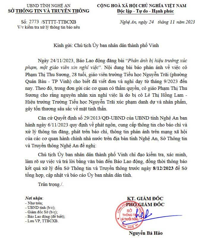 Văn của Sở Thông tin và Truyền thông tỉnh Nghệ An đề nghị kiểm tra thông tin báo Lao Động phản ánh. Ảnh: Quang Đại