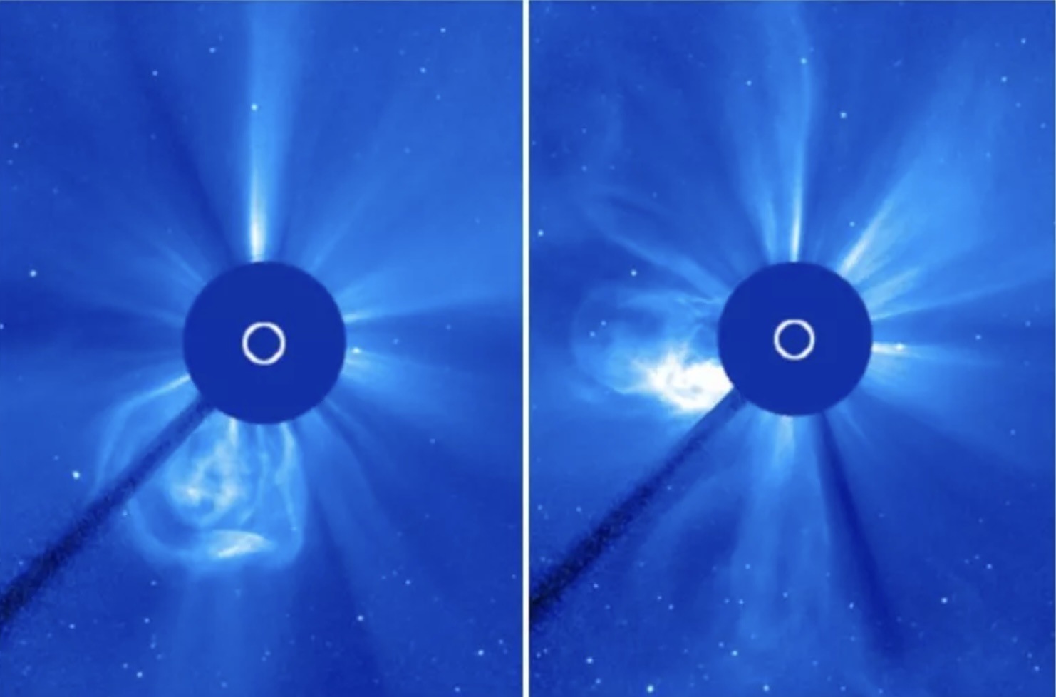 Mặt trời giải phóng CME vào ngày 22.11 (trái) và ngày 23.11 (phải). Một trong những CME gần đây của Mặt trời dự kiến tấn công Trái đất vào cuối ngày 25.11. Ảnh: NASA