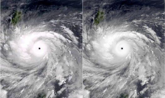 Ảnh siêu bão trên Facebook (trái) thực chất là siêu bão Hải Yến năm 2013 (phải). Ảnh chụp màn hình