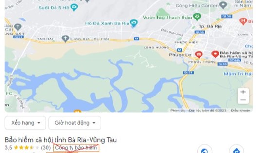 Thông tin BHXH tỉnh Bà Rịa - Vũng Tàu bị sai lệch trên Google map (nay đã được điều chỉnh lại). Ảnh: BHXH