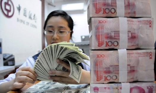 Nhân viên một ngân hàng ở Tứ Xuyên, Trung Quốc đang đếm USD. Ảnh: Xinhua