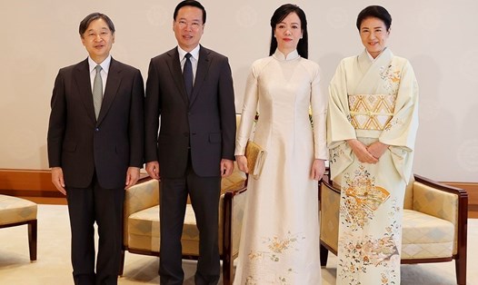 Chủ tịch nước Võ Văn Thưởng và Phu nhân Phan Thị Thanh Tâm hội kiến Nhà vua Naruhito cùng Hoàng hậu Nhật Bản Masako. Ảnh: TTXVN
