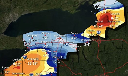 Cảnh báo bão tuyết do hiệu ứng hồ được phát ra với nhiều hạt thuộc New York, Mỹ. Ảnh: NOAA