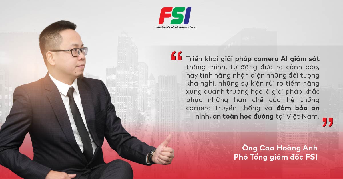 Ông Cao Hoàng Anh, Phó Tổng giám đốc FSI - Top 10 doanh nghiệp cung cấp giải pháp chuyển đổi số hàng đầu Việt Nam, chia sẻ về chủ đề đảm bảo an ninh, an toàn học đường. Ảnh: FSI