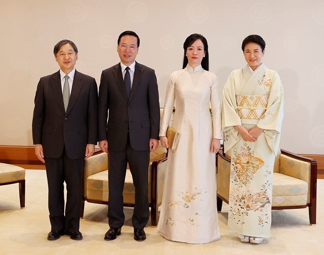 Chủ tịch nước Võ Văn Thưởng và Phu nhân Phan Thị Thanh Tâm hội kiến Nhà vua Naruhito cùng Hoàng hậu Nhật Bản Masako. Ảnh: TTXVN