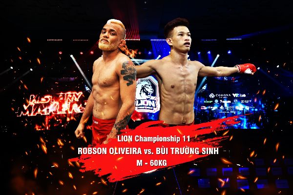 Bùi Trường Sinh chạm trán với đối thủ Robson Olivera (Brazil) ở trận tranh đai vô địch hạng 60kg tại MMA LION Championship 11. Ảnh: Ban tổ chức
