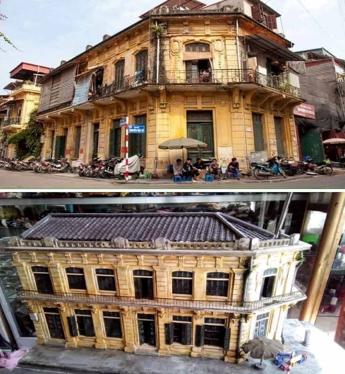 Chỉ qua bức ảnh chụp ngôi nhà ở ngã 3 phố Nguyễn Văn Tố giao Nguyễn Văn Bích (Hà Nội) (ảnh trên), anh Dũng đã tạo nên mô hình nhà (ảnh dưới) rất giống với nhà mẫu .