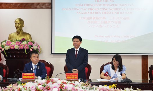 Chủ tịch UBND tỉnh Hà Nam Trương Quốc Huy phát biểu tại buổi làm việc với Phòng Công nghiệp và Thương mại Nagahama (Nhật Bản). Ảnh: UBND tỉnh Hà Nam