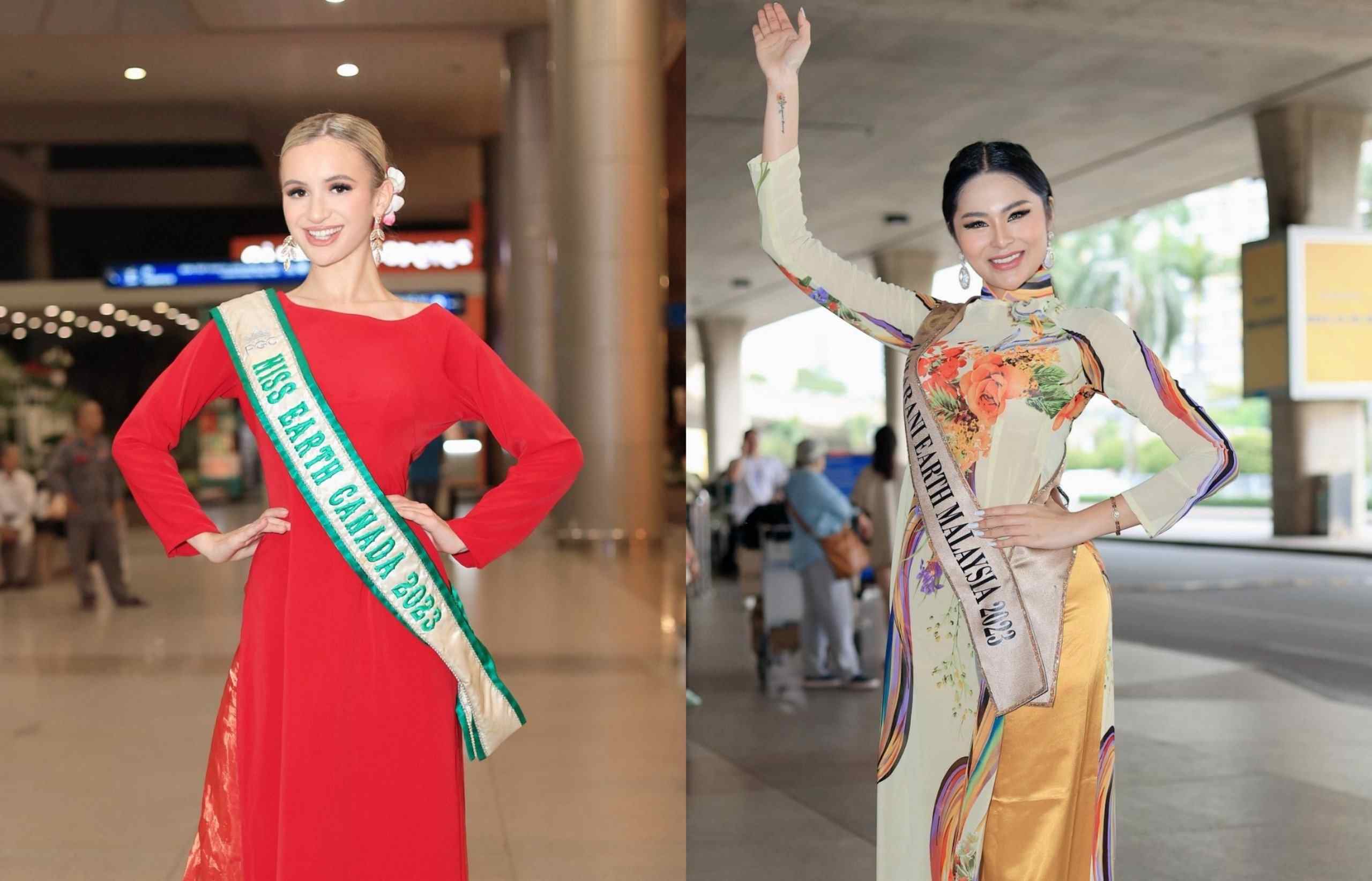 Miss Earth Canada (trái) và Malaysia xinh đẹp trong tà áo dài. Ảnh: BTC.