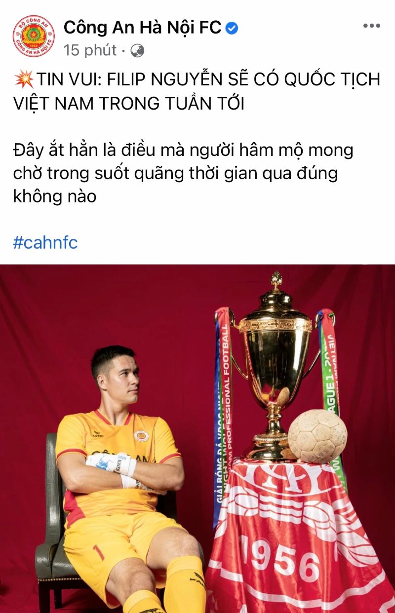 Câu lạc bộ Công an Hà Nội xác nhận thông tin nhập tịch của thủ môn Filip Nguyễn. Ảnh: CAHN FC