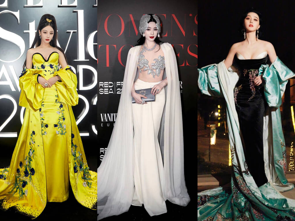 Địch Lệ Nhiệt Ba chọn váy trong cùng bộ sưu tập với Phạm Băng Băng của thương hiệu Miss Sohee. Ảnh: Xinhua