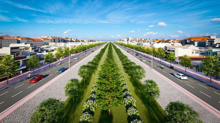 Phối cảnh đường Vành đai 2 giai đoạn 1. Dự án sẽ đầu tư đường song hành hai bên, mỗi đường có bề rộng 16,5m, đáp ứng ba làn xe, để trống ở giữa 34m (hoàn thiện vỉa hè, trồng cây xanh…).