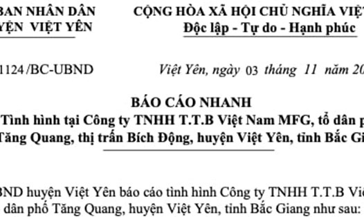 Báo cáo nhanh của Ủy ban nhân dân huyện Việt Yên về vụ việc tại Công ty  TNHH T.T.B Việt Nam MFG. Ảnh chụp màn hình 
