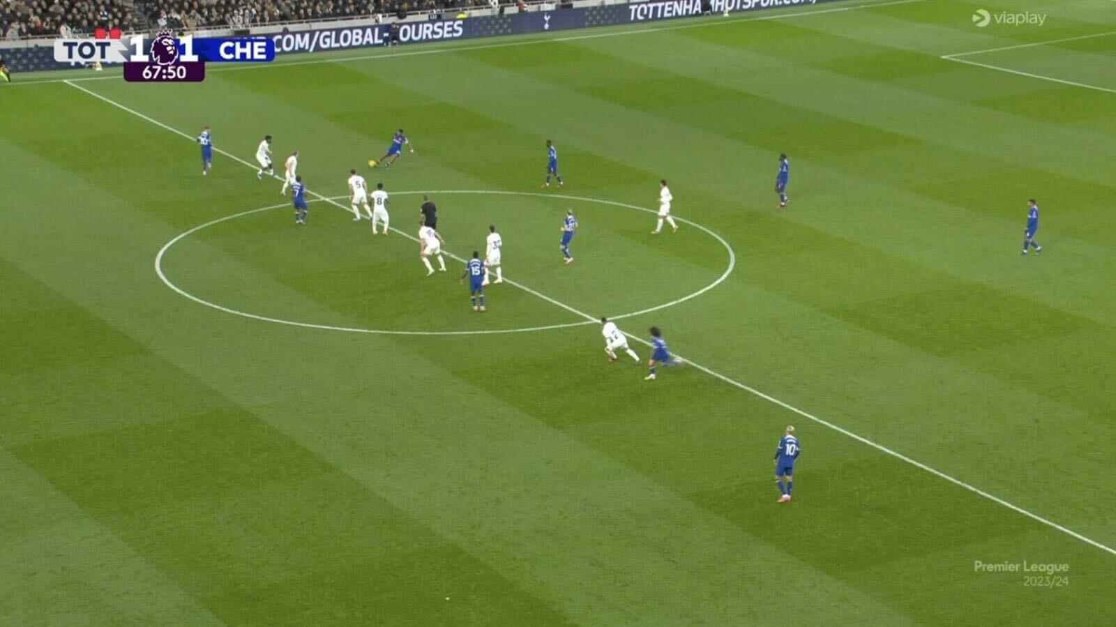 Phải đến khi Tottenham dâng cao đội hình đến như thế này, Chelsea mới tận dụng được. (Ảnh cắt từ video)