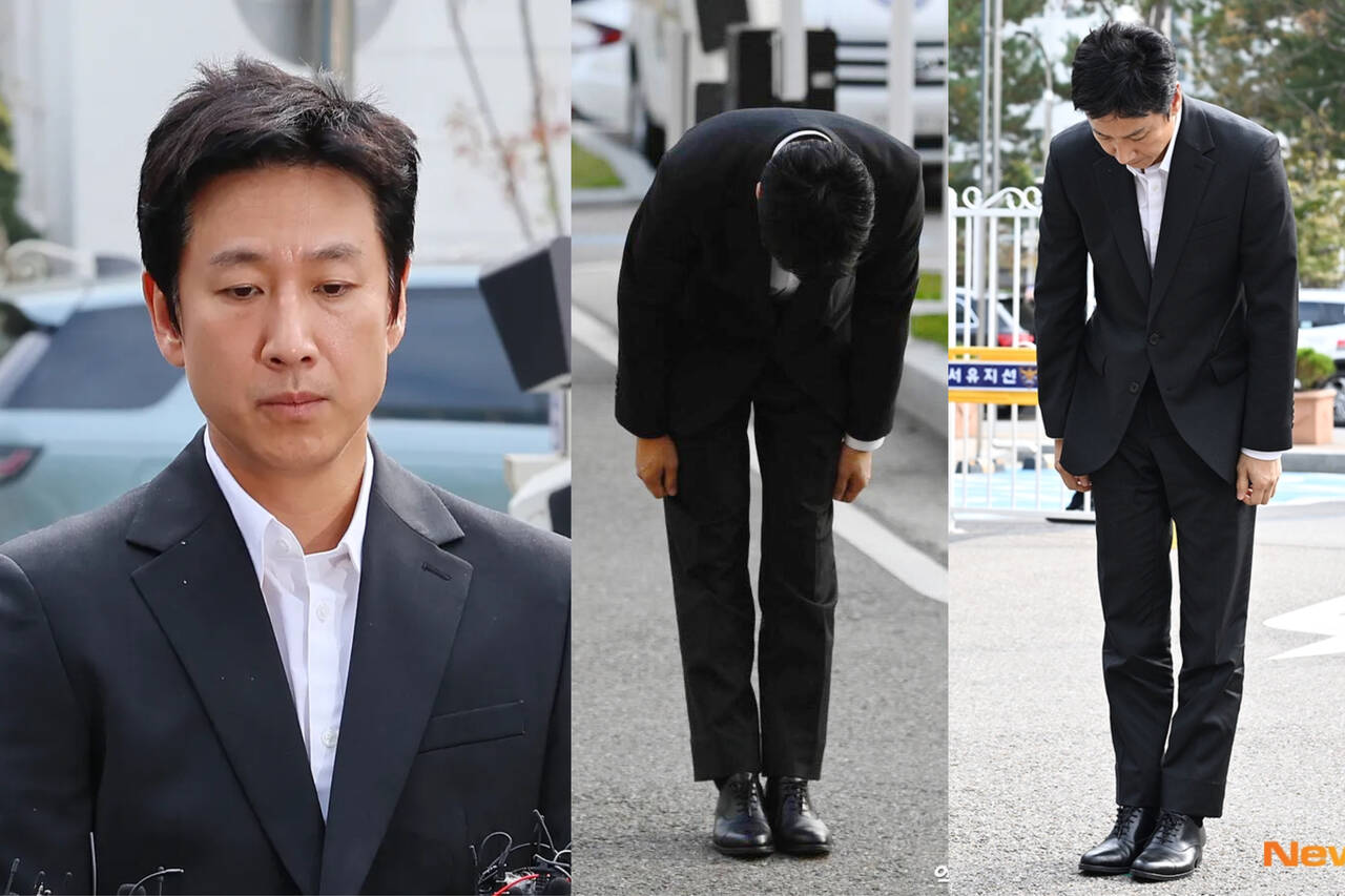 Lee Sun Kyun cúi đầu và nói xin lỗi cả trước và sau khi thẩm vấn. Ảnh: Naver