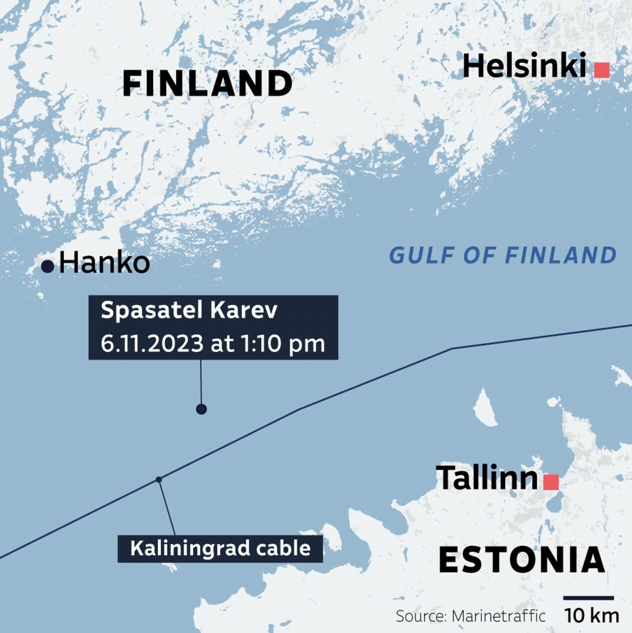 Tuyến cáp quang của Nga ở Biển Baltic bị đứt gần đường ống dẫn khí Balticconnector. Ảnh chụp màn hình