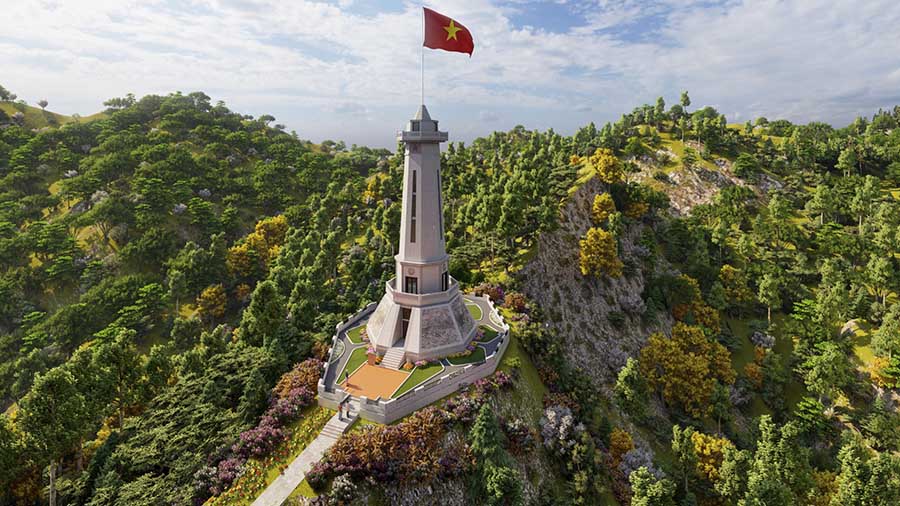 Cột cờ Tổ quốc cao hơn 45m vừa được khởi công xây dựng tại cực Tây - A Pa Chải. Ảnh: Bộ đội Biên phòng Điện Biên