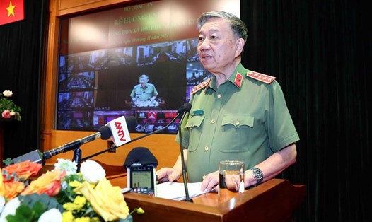 Bộ trưởng Tô Lâm phát biểu tại Lễ hưởng ứng Ngày Pháp luật nước Cộng hòa xã hội chủ nghĩa Việt Nam năm 2023. Ảnh: Bộ Công an