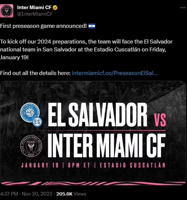 Thông báo về lịch đá giao hữu trên trang mạng xã hội của câu lạc bộ Inter Miami. Ảnh: Chụp màn hình