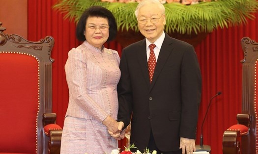 Tổng Bí thư Nguyễn Phú Trọng tiếp Chủ tịch Quốc hội Vương quốc Campuchia Samdech Khuon Sudary. Ảnh: TTXVN